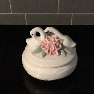 Vintage Swans Trinket Box with White and Pink Flowers